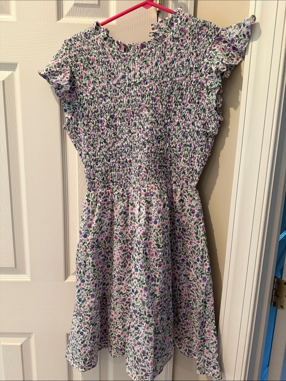 Floral Smocked ladies - White with Purple & Green Flowers